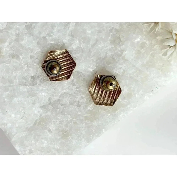 Dainty Tiny Gold Toned Hexagon Shaped Striped Textured Mini Stud Earrings - Picture 3 of 7